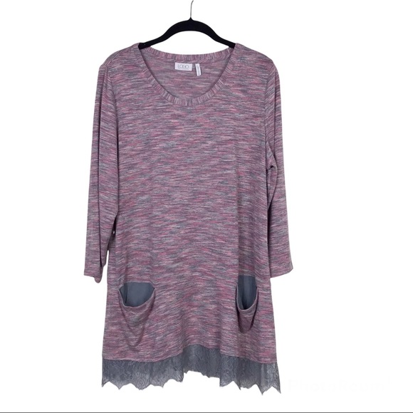 LOGO Lori Goldstein Pink Space Dye 3/4 Sleeve Lace Trim Knit Top Size L